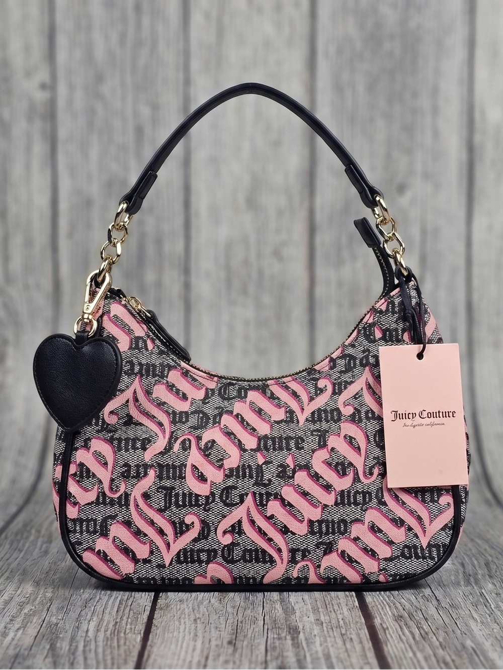 Juicy Couture Pink and Black Logo Jacquard Shoulder Bag with Heart Charm